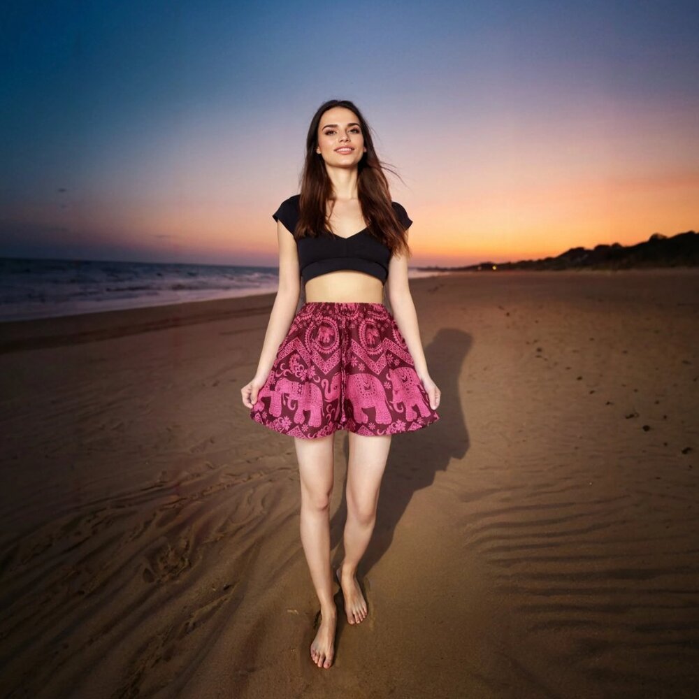 Women's Red Boho Harem Shorts, Handmade in Thailand from Soft Flowy Bamboo Rayon - Picture 2 of 2